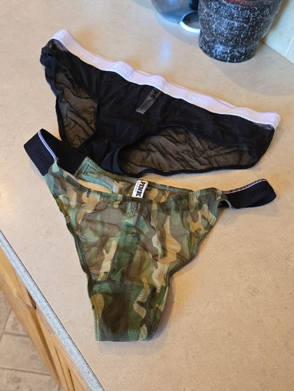 Reserved - PINK Camo Mesh Thong + Black Mesh Bikini Set